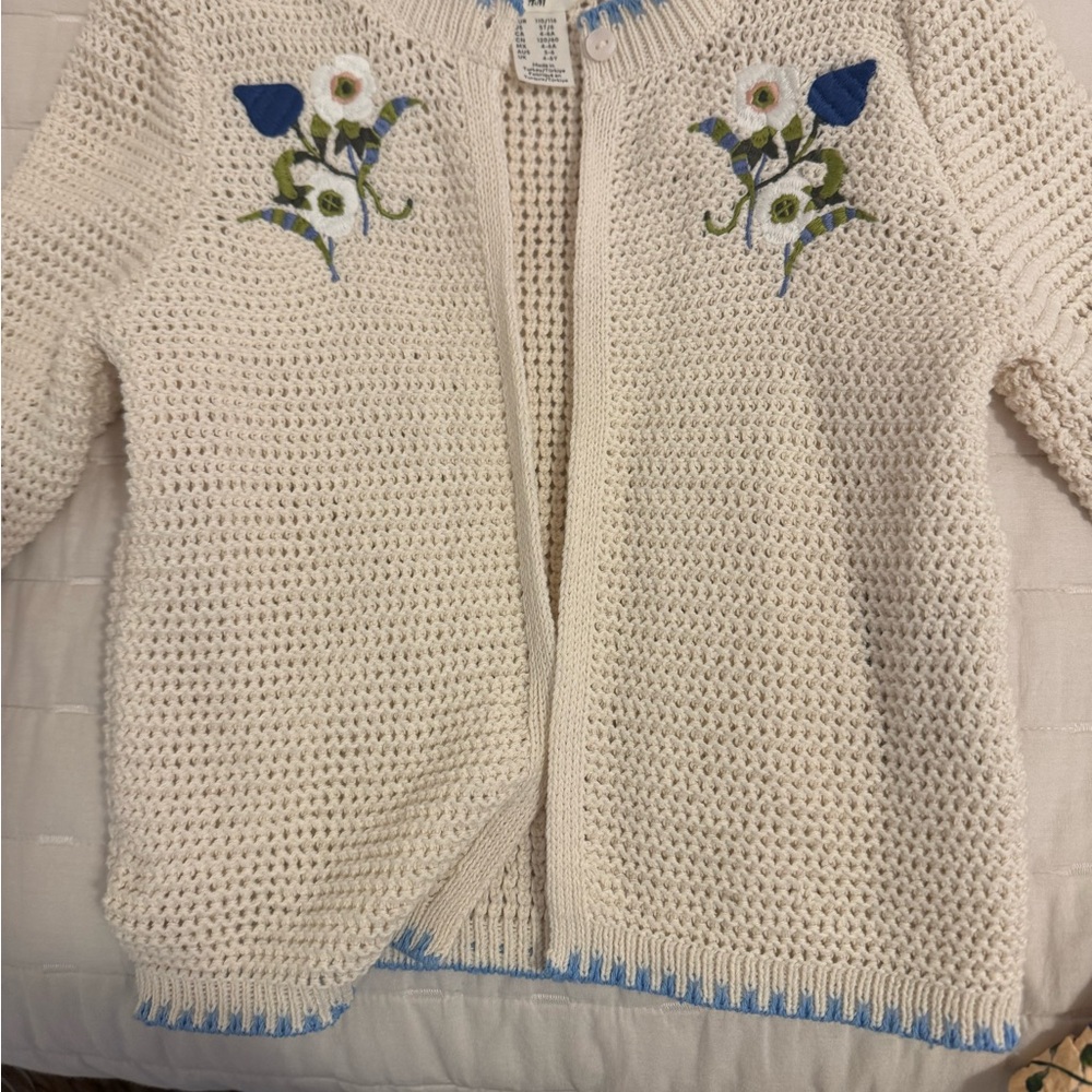 White Knit Cardigan with Floral Embroidery